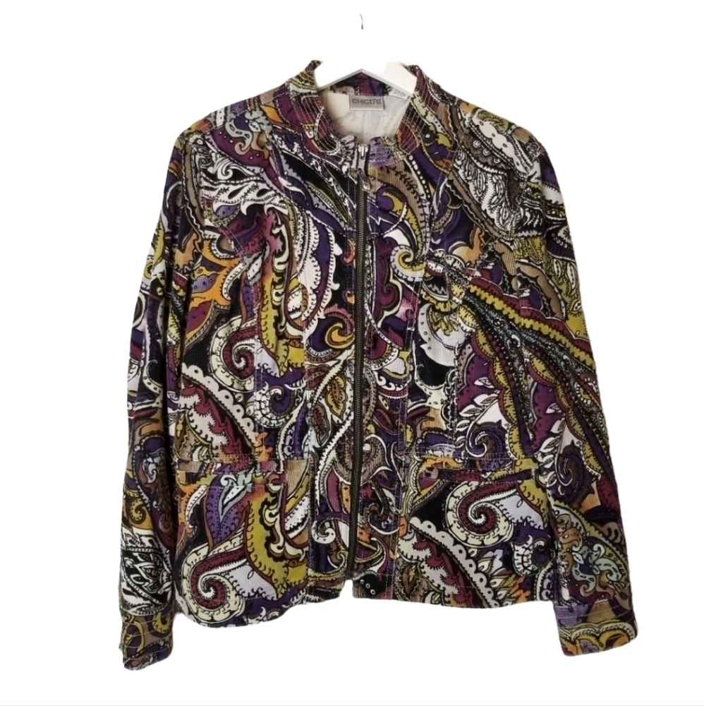 Chico's 1 (8) Paisley Corduroy full‎ zip jacket Boho Hippie Long sleeve